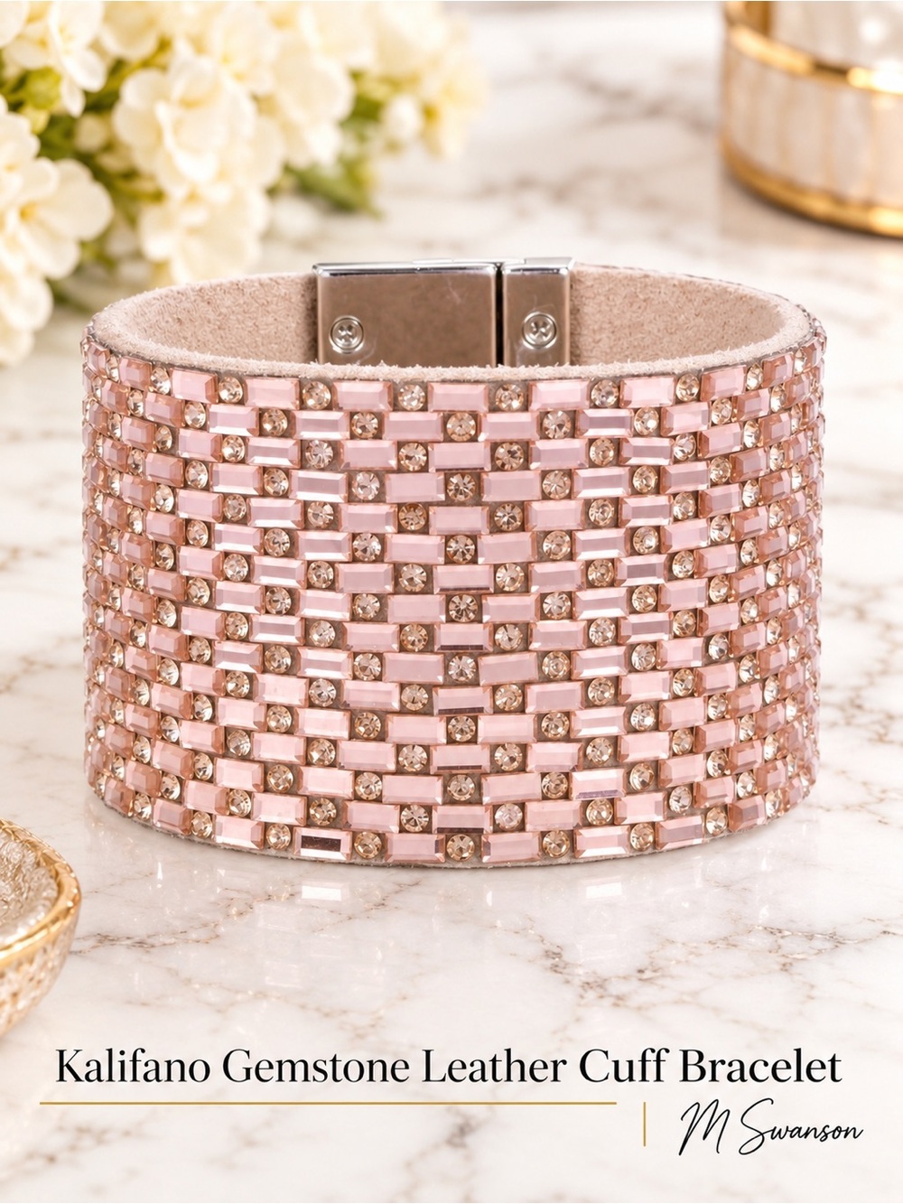 8” Wide Cuff Pink Gemstone Leather Bracelet